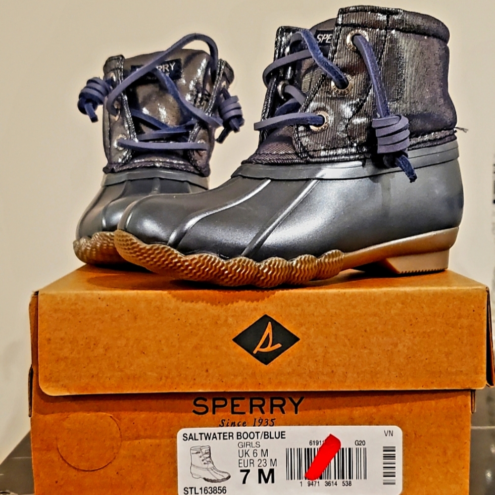 Sperry Duck Boots Sz 7 Girls Toddler Kids Metallic Blue - New